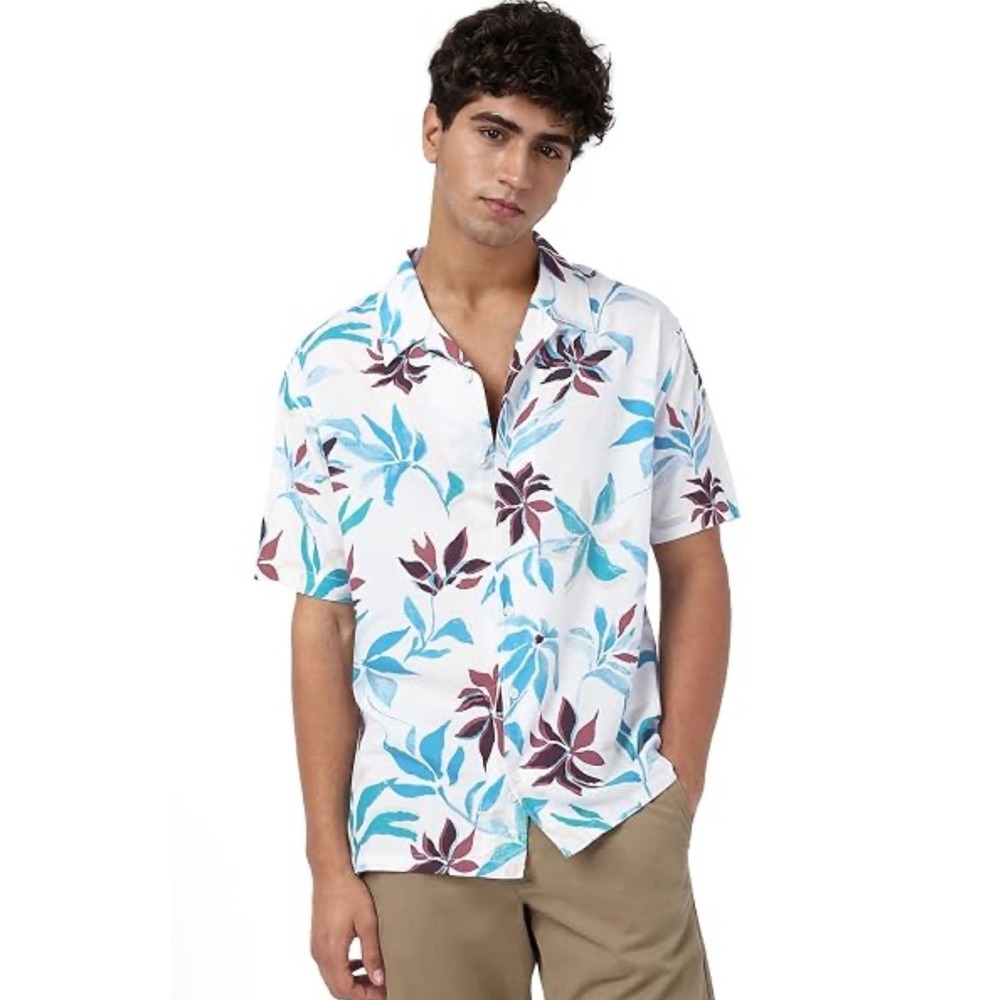 Industry Linen Blend Shirt Mens XL Floral Camp Hawaiian Short Sleeve Button Up